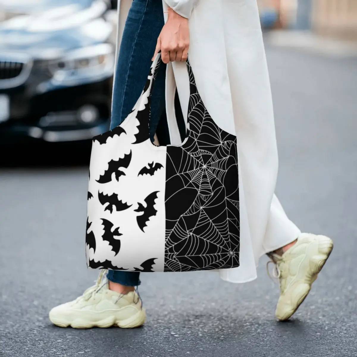 

Black Bat Shopping Bag Webs Print Two Tone Student Gifts Handbags Reusable Polyester Business Bags