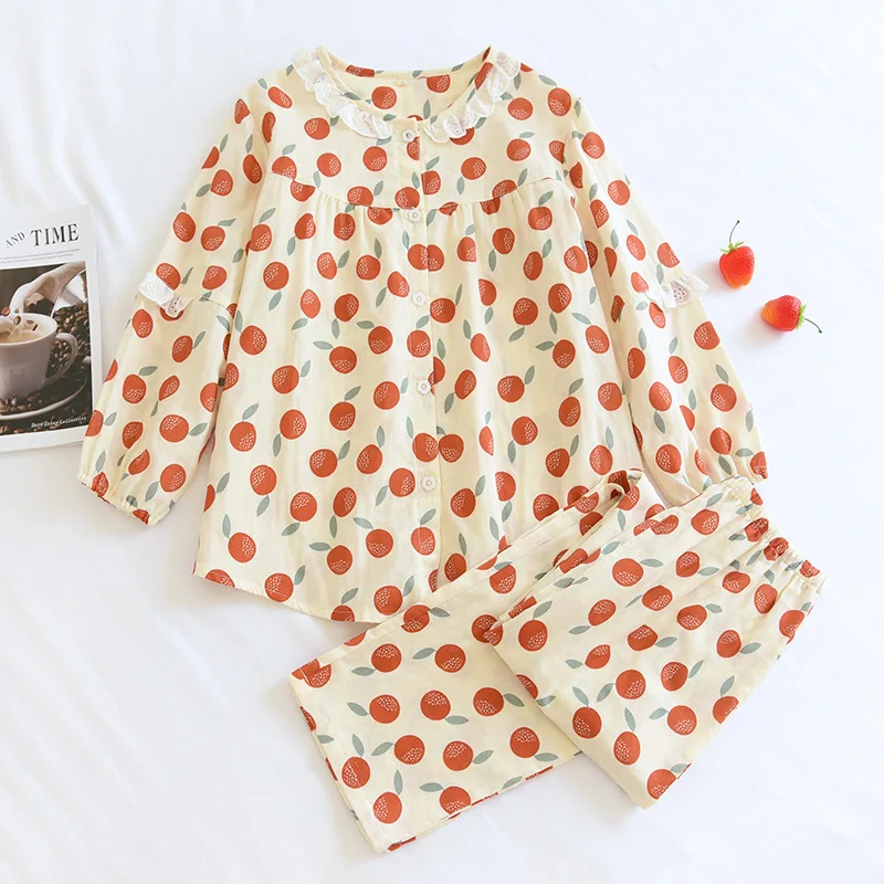 Pj Sets for Women Woven Cotton Long Sleeve Trousers Encryption Double Gauze Lace Collar Botton Suit Spring Thin Female Pajamas