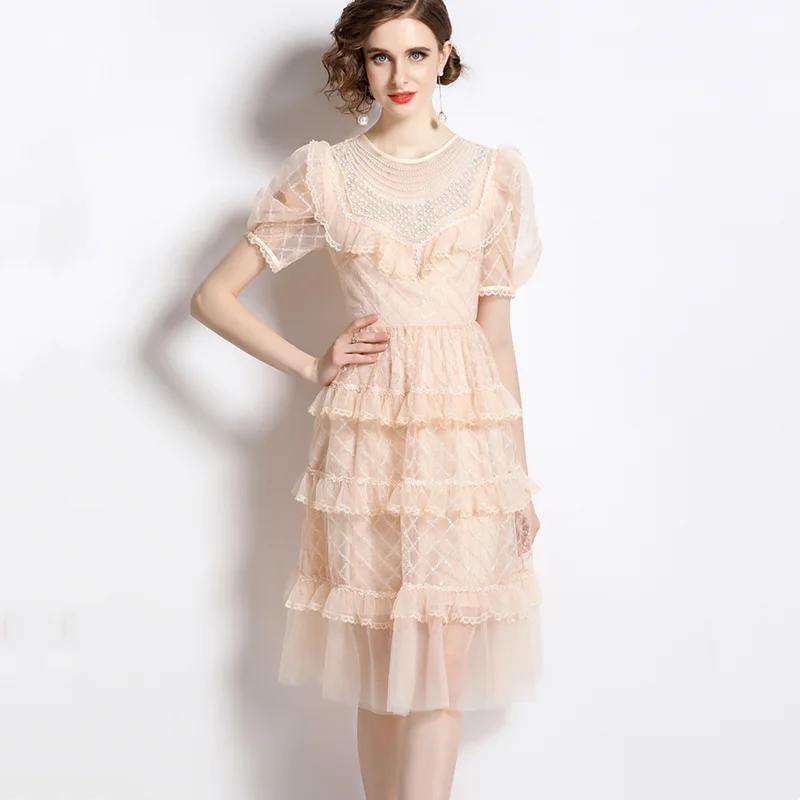 

Summer New Design Mesh Embroidery Sequins Puff Short Sleeve Lace Ruffle Patchwork Hollow Out Pearl Beading Party Vestidos