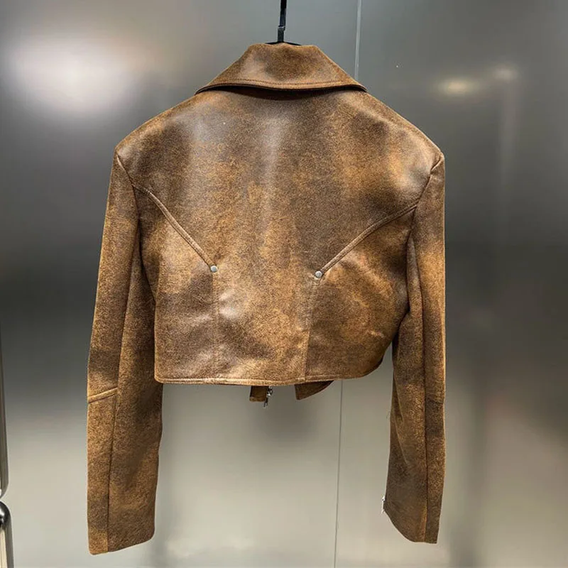 1pcs Women's PU Leather Short Jackets Coat 2022 Autumn Faux Fur Zipper Splicing Irregular Ladies Skinny Locomotive Small Coats