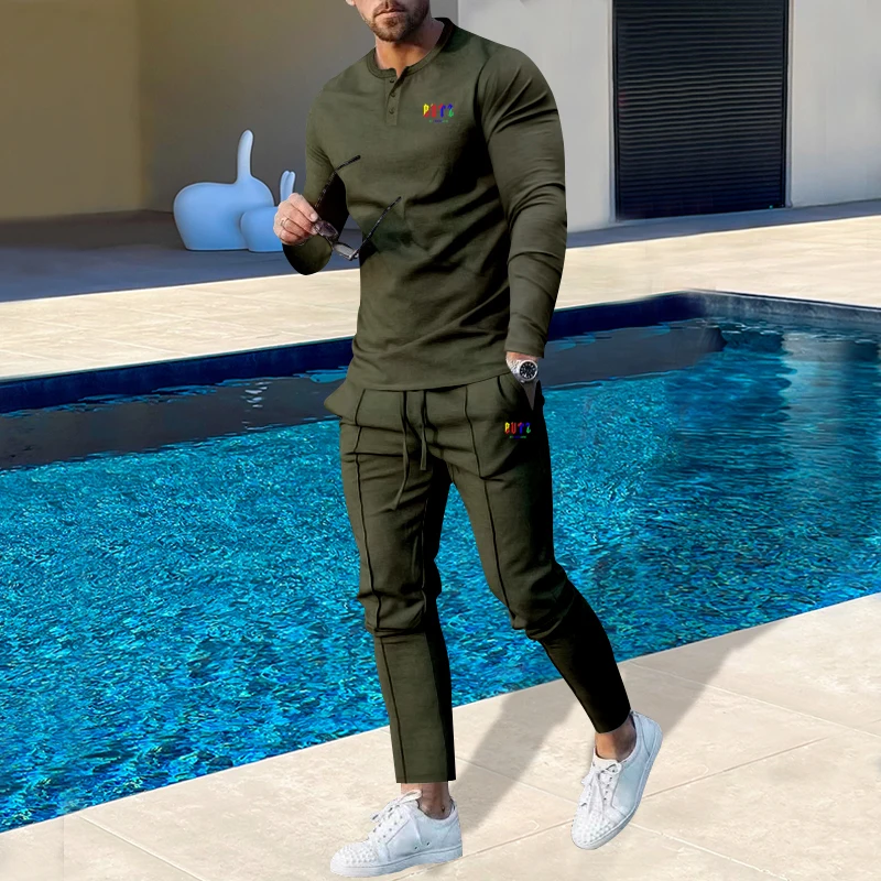 Spring and Autumn 2023 New Large Men's Solid Henley shirt Long Sleeve Pants Set Casual Fashion Comfortable Fit Fashion Spot