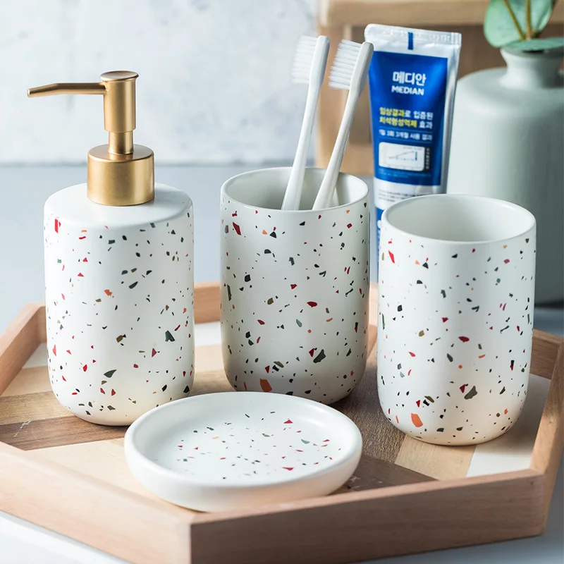 

Bathroom Accessories Sets Ceramic Modern Simple Bathroom Decor 4 Piece Toothbrush Holder Cup Soap Dish Soap Lotion Dispenser