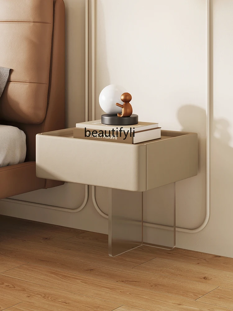 

zqMilk Tea Style Modern Simple Bedside Table Bedroom Furniture Italian Acrylic Feet Solid Wood Bed Side Cabinet
