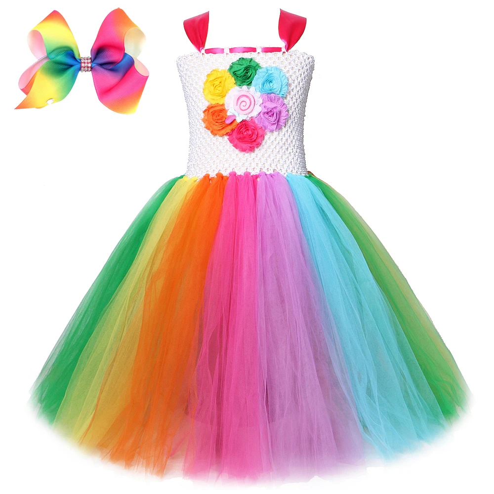 

Rainbow Lollipop Long Tutu Dress for Girls Flowers Candy Costumes for Kids Baby Cake Smash Birthday Outfits Princess Ball Gown