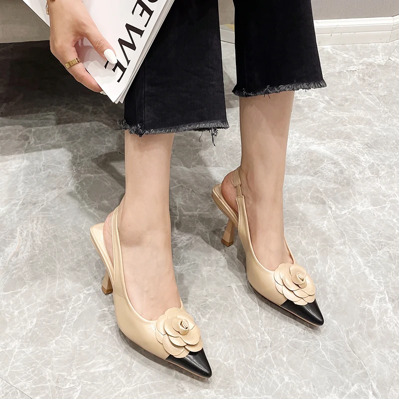 NIUFUNI Pointed Toe Camellia Elastic Strap Slingback Woman Sandals Mixed Color PU Leather Simple Dress Shoes Women's Pump Summer