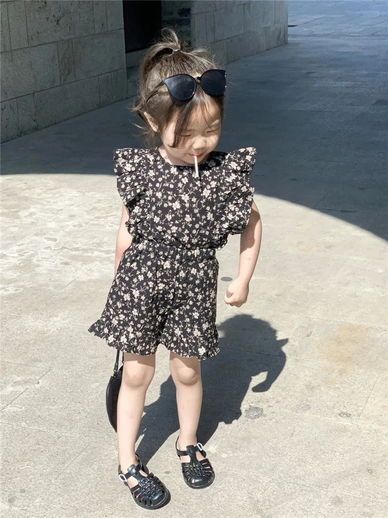 Summer Thin Girls Ruffled Fly Sleeves + Short Pants Clothes Baby Girls Printed Casual Outfits Wave Point 2PCS