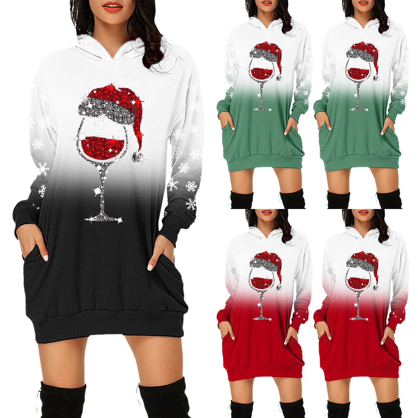

Red Wine Glass Sequin Dresses For Women Christmas Print Long Sleeve Hoodies Dress New Year Loose Sweatshirt Pantalones De Mujer