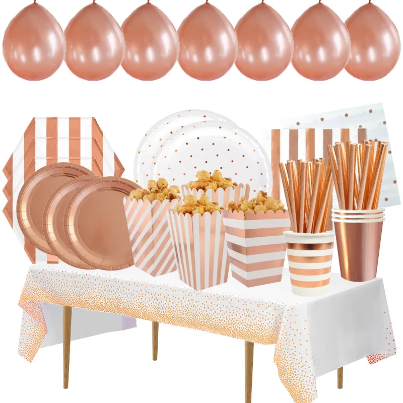 Набор одноразовой посуды из розового золота в полоску с принтом на день рождения