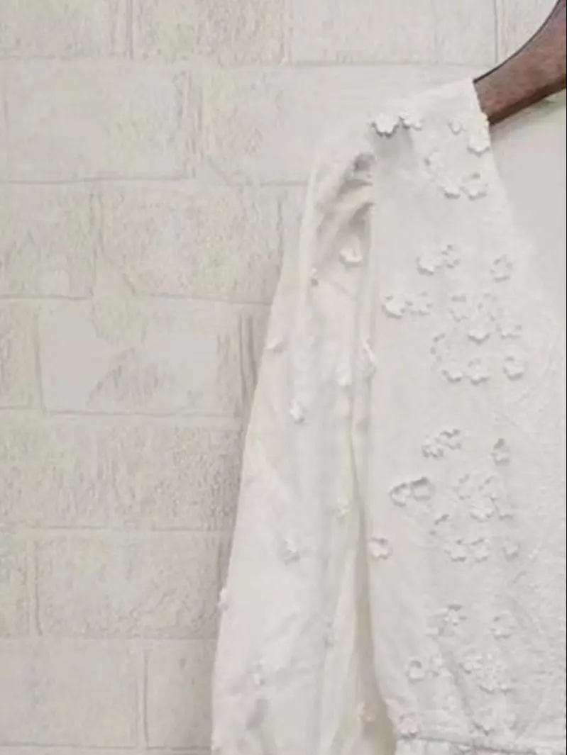 Women Sweet Single Breasted Dress White Flower Embroidered Puff Sleeve V-neck Elastic Waist Midi Robe for Female