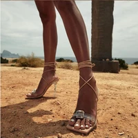 women pvc clear thin heel sandals summer sexy cross straps shining rhinestones 11cm high heel shoes plus size 42