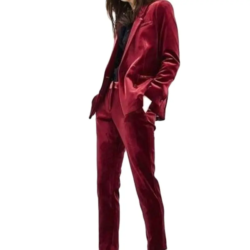 

Velvet Red Womens Suits & Blazers Notced Lapel Slim-fit Jacket Pant Fashion Lady One Button Coat