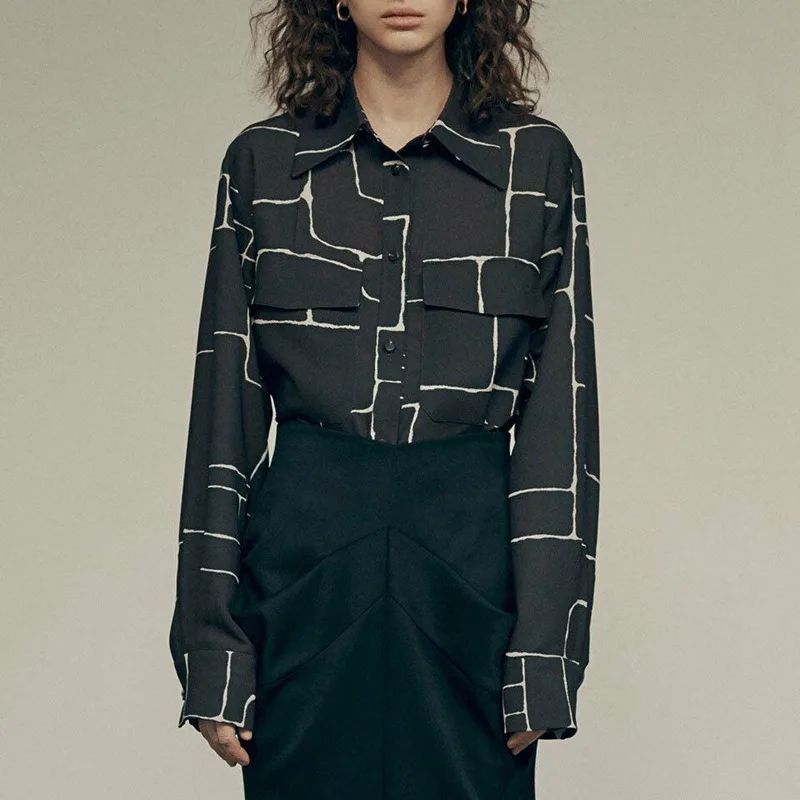 

Women's Line Printed Long Sleeved Shirt 2022 New Casual Commuter Women's Turn0down Collar Single Breasted Shirt Top