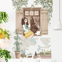 windowsill girl background room decoration removable plant floret sticker waterproof wall sticker