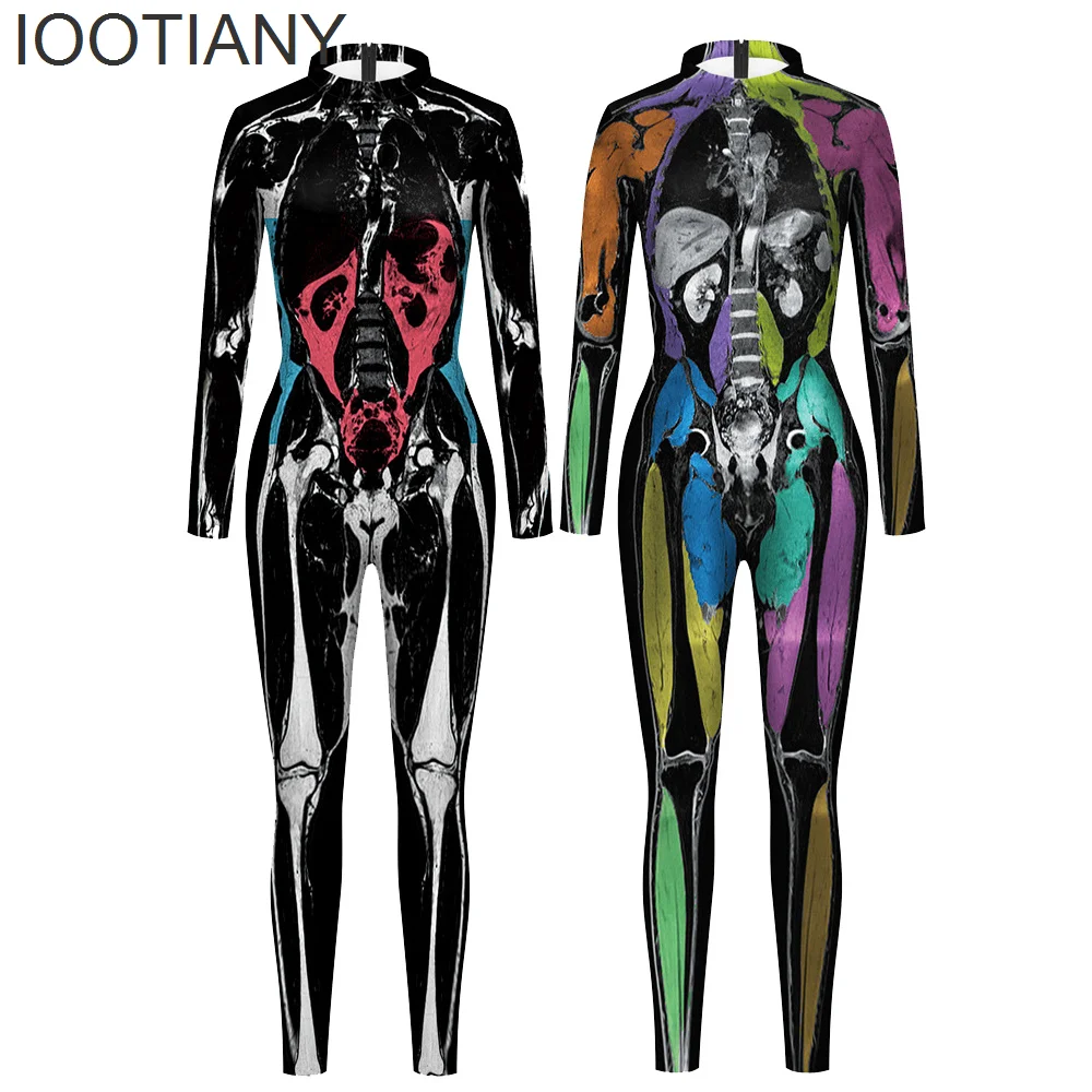

IOOTIANY Painted Skull Print Skeleton Cosplay Costume Women Sexy Jumpsuit Bodysuit Adult Carnival Halloween Party overalls 3D