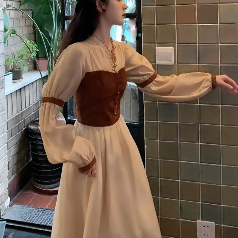 

DIMI Chiffon One-piece Dress Korean Evening Party Fairy Dress Elegant Female Autumn Vintage Dresses for Women Long Sleeve V-neck