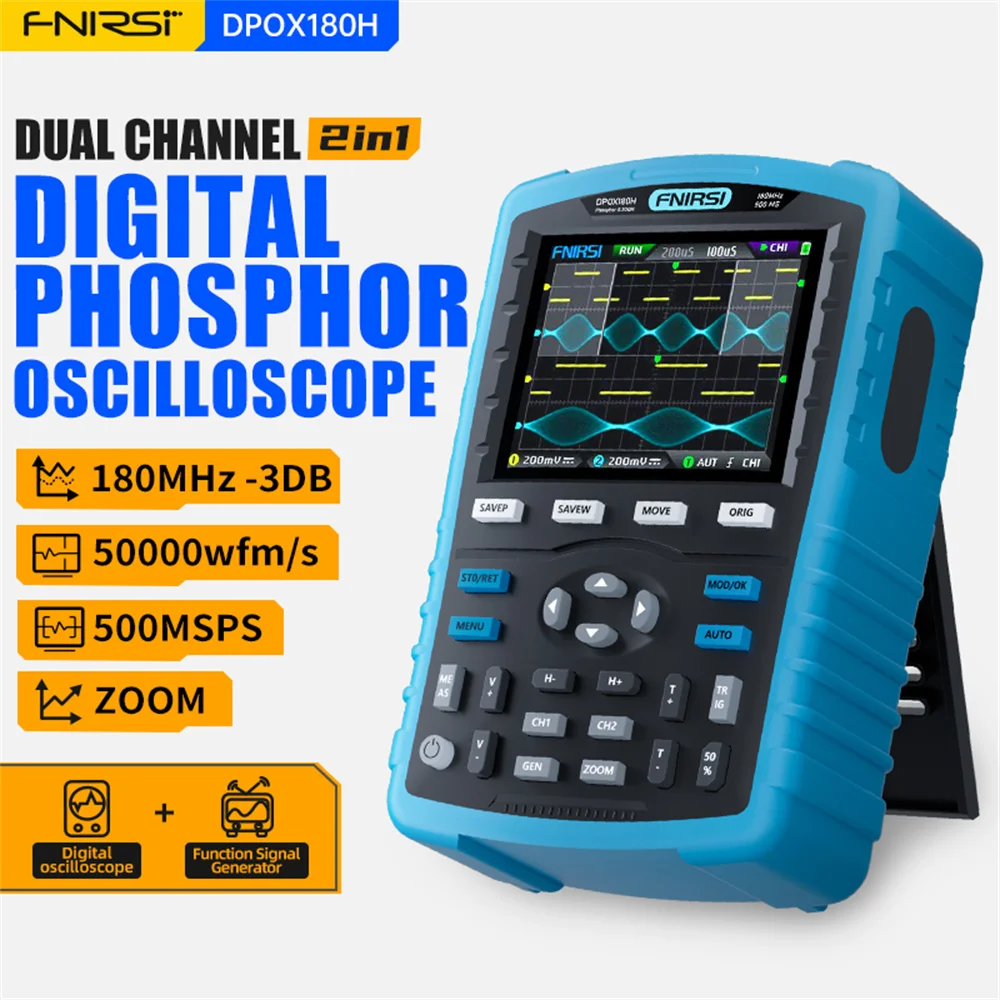 

Флуоресцентный цифровой осциллограф FNIRSI 2,8 дюйма, двухканальный портативный осциллограф 2 в 1, генератор сигналов 20 м, анализ спектра FFT