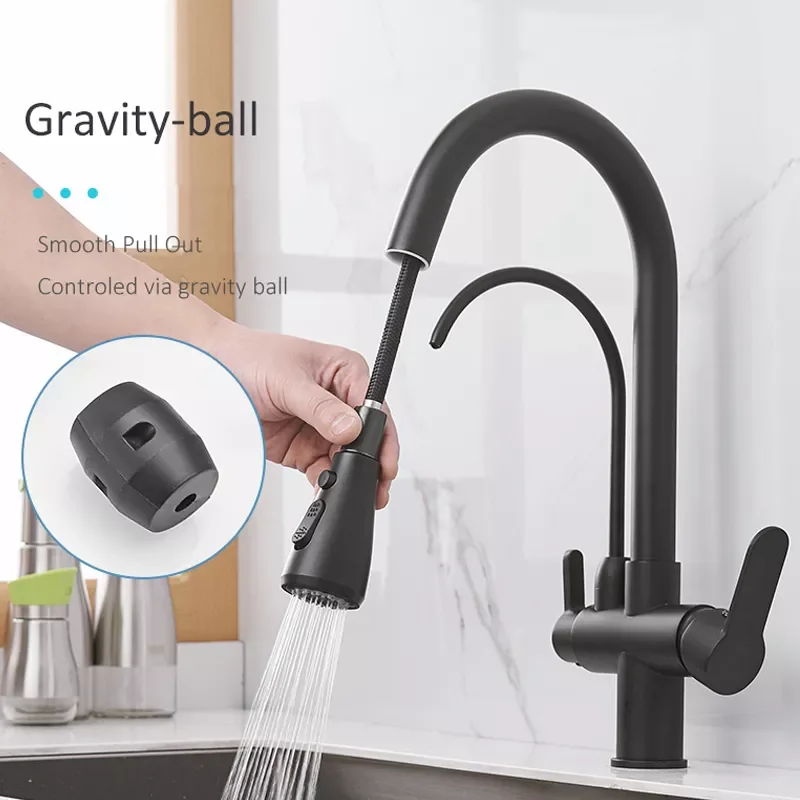 

Matte Black Filtered Crane For Kitchen Pull Out Spray 360 Rotation Water Filter Tap Three Ways Sink Mixer Kitchen Faucet