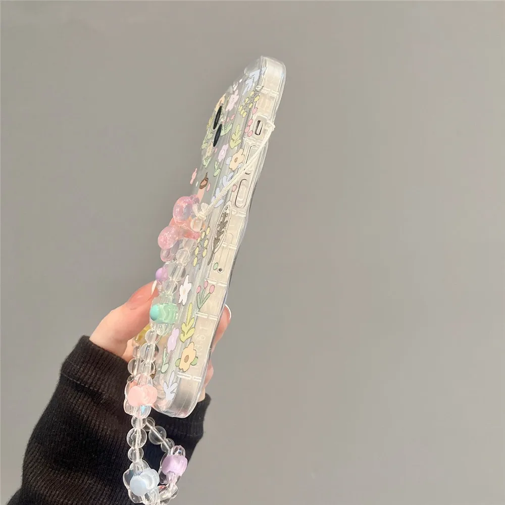 Cute 3D Flower Bracelet Wrist Chain Lanyard Clear Soft Phone Case for iphone 13 14 Pro Max 11 12 XR XS X 7 8 Plus 14 Back Cover
