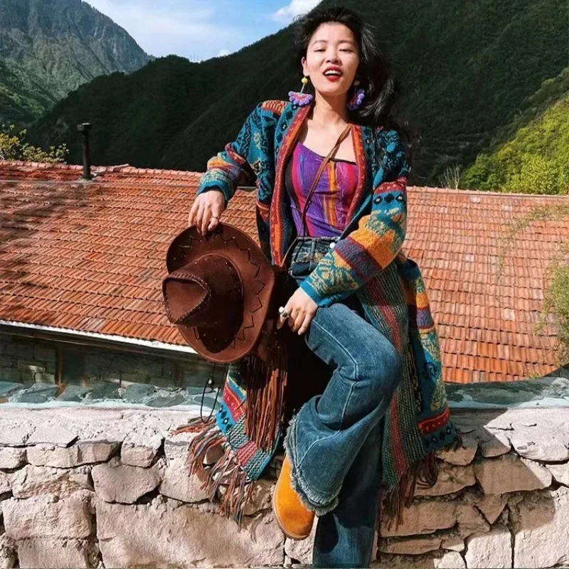 Шикарная вязаная куртка с длинными рукавами в стиле бохо кардиган свитер модная