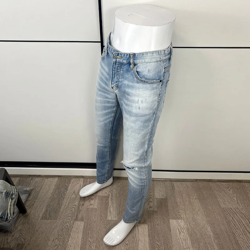 Street Fashion Men Jeans High Quality Retro Light Blue Elastic Slim Ripped Jeans Men Vintage Designer Denim Brand Pants Hombre