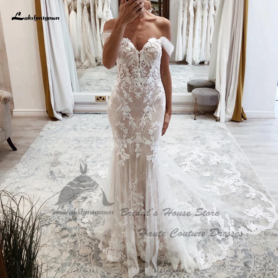 

Lakshmigown Vintage Lace Boho Wedding Dress Mermaid Style 2023 Blush Pink Civil Bridal Gowns Off The Shoulder Cut Out Long Train