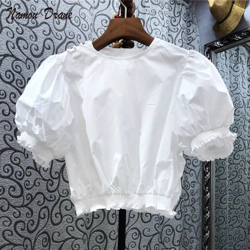 

Namou Drane Puff Sleeve Solid Women Tops 2021 Summer Causal O-neck Blouse Shirt Korean Slim Waist Short Blusas De Mujer