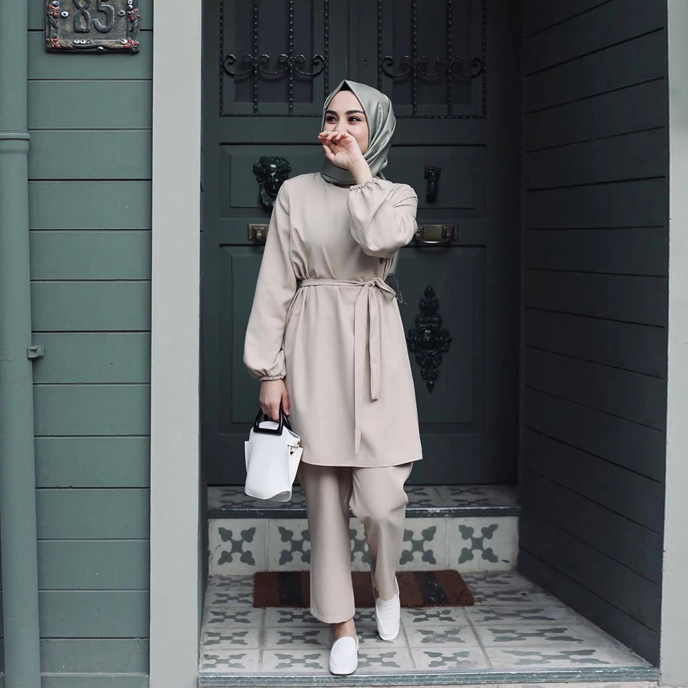 Muslim Plus Size 2PCS Suit Women's Arab Girl Solid Color Long Sleeve Suit Dresses Muslim Woman Turban Burkini Muslim Woman 2022