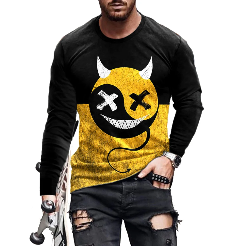 

New Men's Fashion Long Sleeve T-shirt Male Crewneck Smiling Face 3D Printed Casual Oversized 5XL 6XL Sportswear Summer Clothes