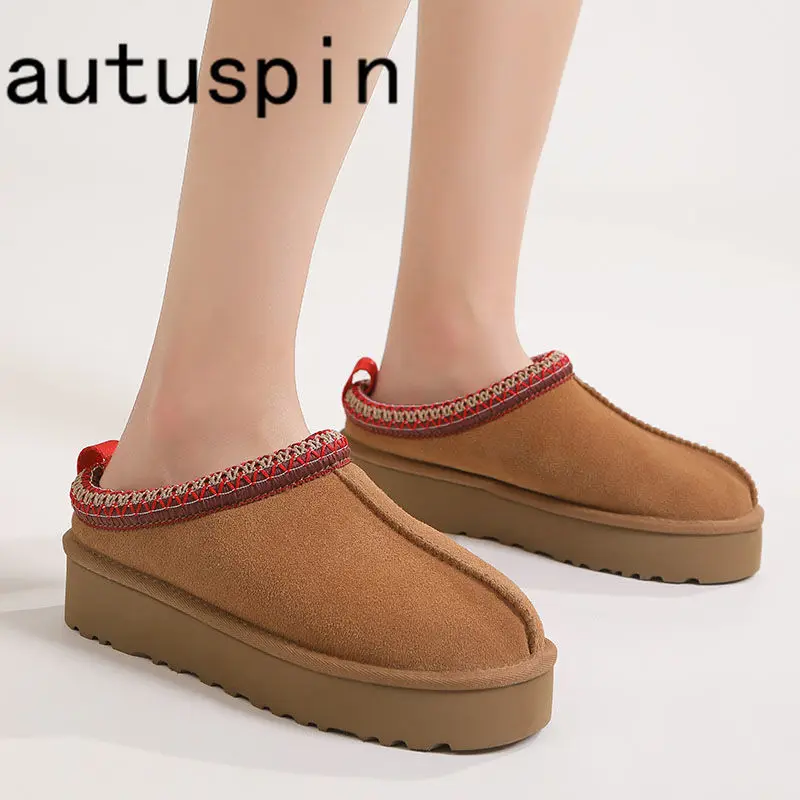 

AUTUSPIN Women Flats Platform Cotton Shoes Winter Ethnic Style Nubuck Leather Female Slippers Outdoor Warm Plush Ladies Shoe
