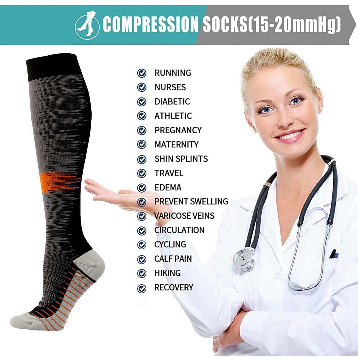 Men Women Compression Stockings Hiking Running Socks 15-20MmHg Flight Pregnancy Swollen Varicose Veins Marathon Sports Socks Men