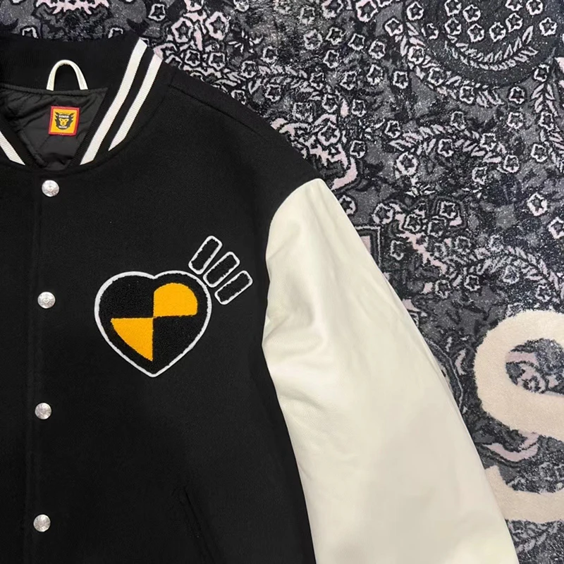 Human Made Baseball Jackets Embroidered Leather Sleeve Men Women 1:1 Vintage HUMAN MADE Jackets