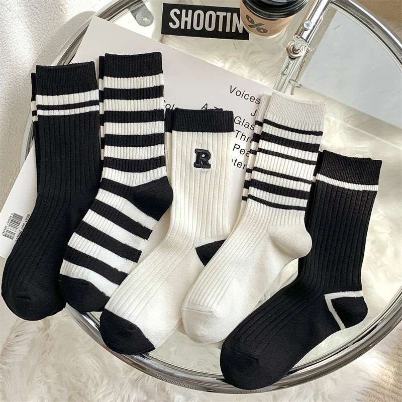 5Pairs Casual Black White Striped Women Socks Simple Letter Embroidery Middle Tube Socks Hip Hop Skateboard Breathable Sock