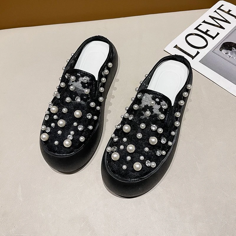 

Large 35-40 Elegant And Exquisite Rhinestone Pearl Baotou Half Slippers Summer Fashion New Mesh Sandals Hot Sale.