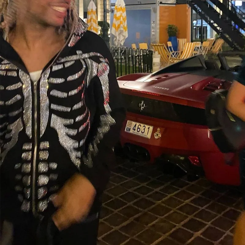 

Full Zip Rhinestone Skeleton Goth Hoodie Y2k Long Sleeve Oversized Sweatshirts Hip Hop Grunge Men Hoodies Sport Coat Sudaderas