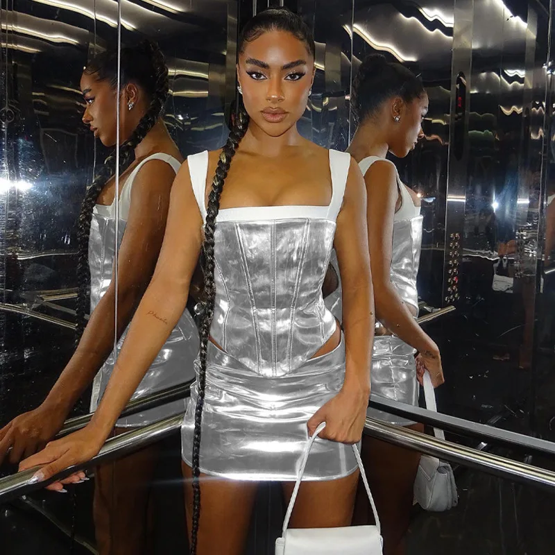 

Women 2023 Summer Fashion Tank Tops Mini Skirt Party Club Silvery Two Piece Matching Sets Outfits Streetwear