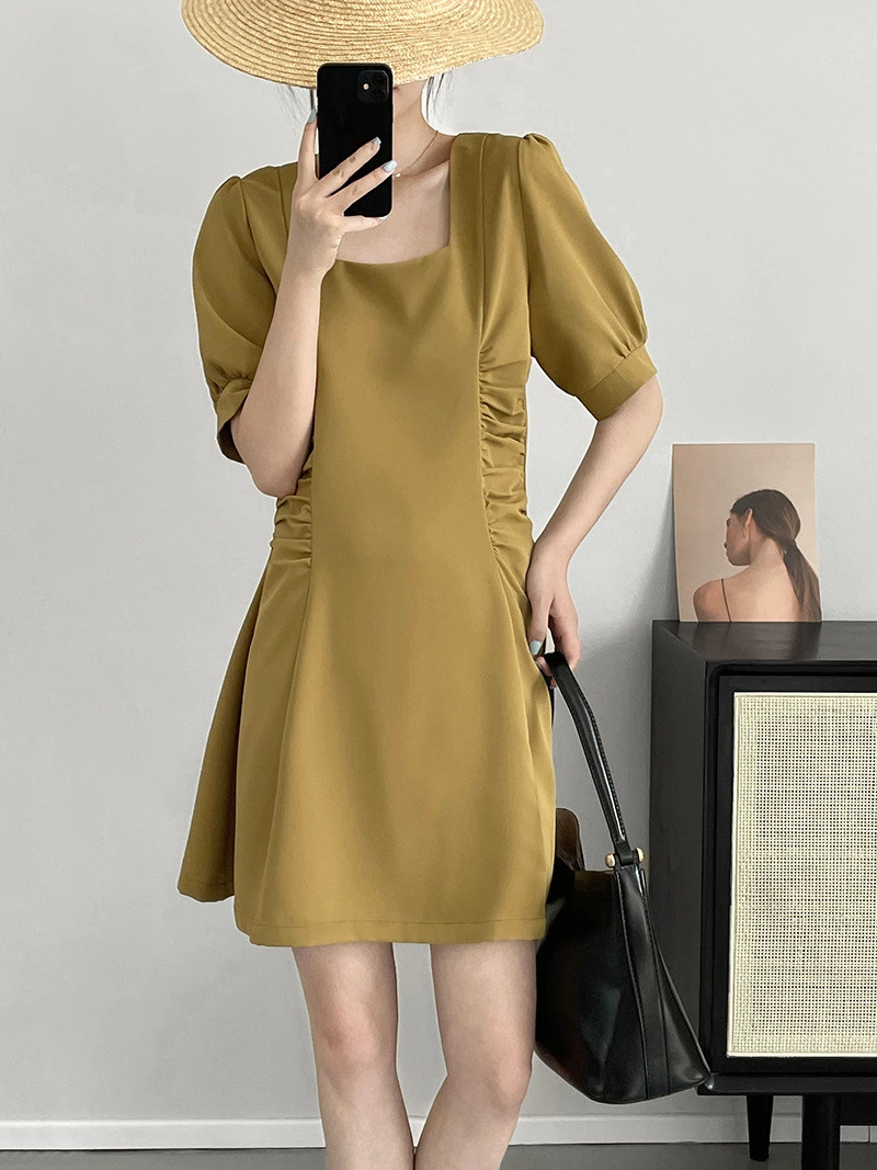 

Summer Fashion Sweet Cute Slim Solid Color Folds Elegant Short Puff Sleeve Square Neck Short Dresses Women Ladies A-line Dress