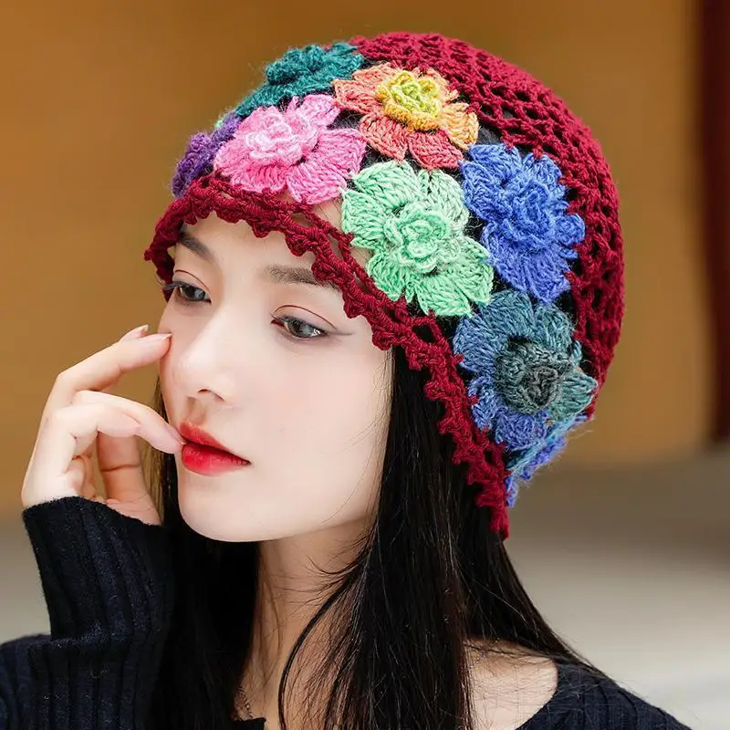 

Women Hat Vintage Crochet Knit Floral Beanie Hat Ladies Spring Summer Colorful Hollow out Skullies Beanies Female Retro Bonnet