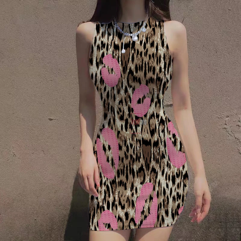 

Женское платье с леопардовым принтом, летнее сексуальное винтажное платье-чехол без рукавов с принтом губ, женская одежда для вечерние НКИ, ...