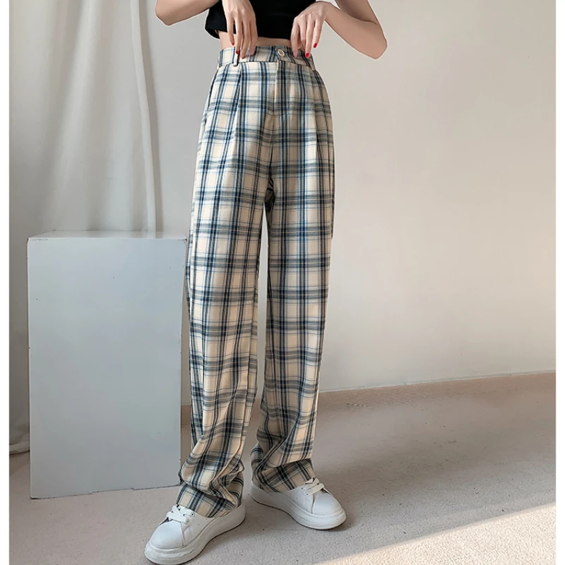 

Casual Loose Plaid Straight Female Trousers 2023 New Spring Summer High Waist Women Long Pants Ladies Streetwear Fashion Pants