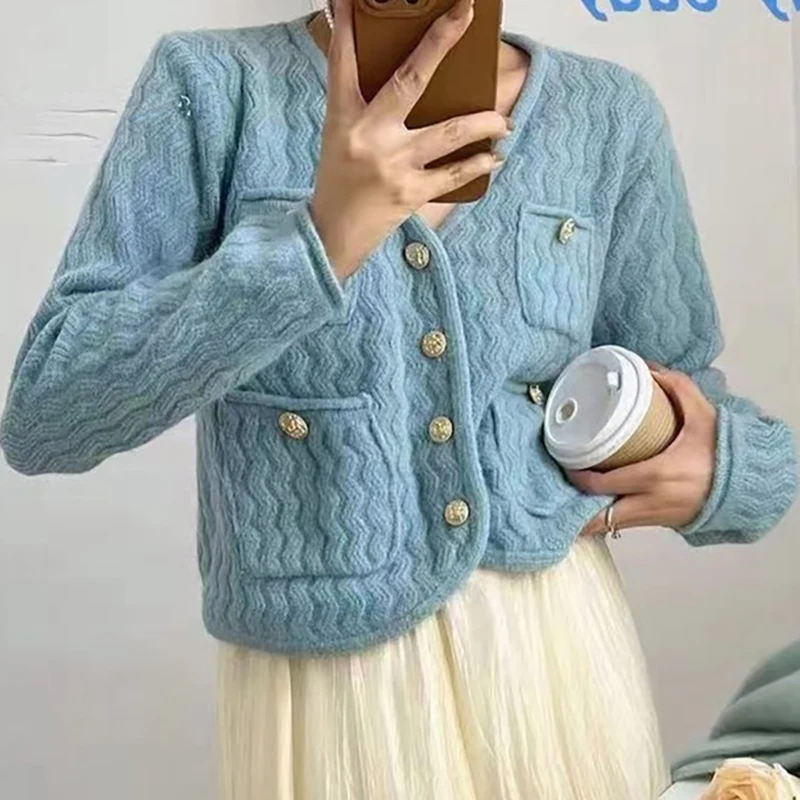

Knitted Cardigan Spring V-neck Coat Solid Color Korean Elegant Temperament, Commuting Casual Style Jacket Womens Clothing