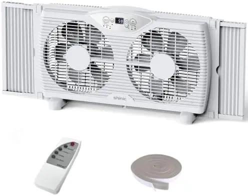 

Twin Window Fan with Remote, 9-Inch Blades Reversible Airflow, Thermostat Control, 3 Speeds, 3 Functions, 23.8"-37" Expa