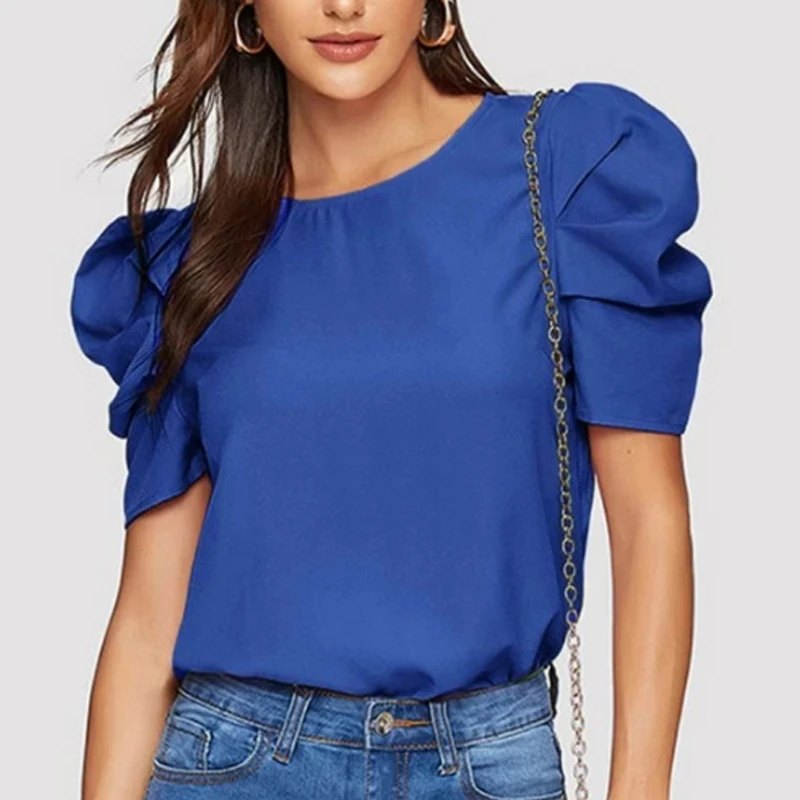 

Fashion Casual Vintage Summer Shirt Women Puff Short Sleeve White Blouse O-neck Streetwear Elegant Tops Clothes Blusas New 25291