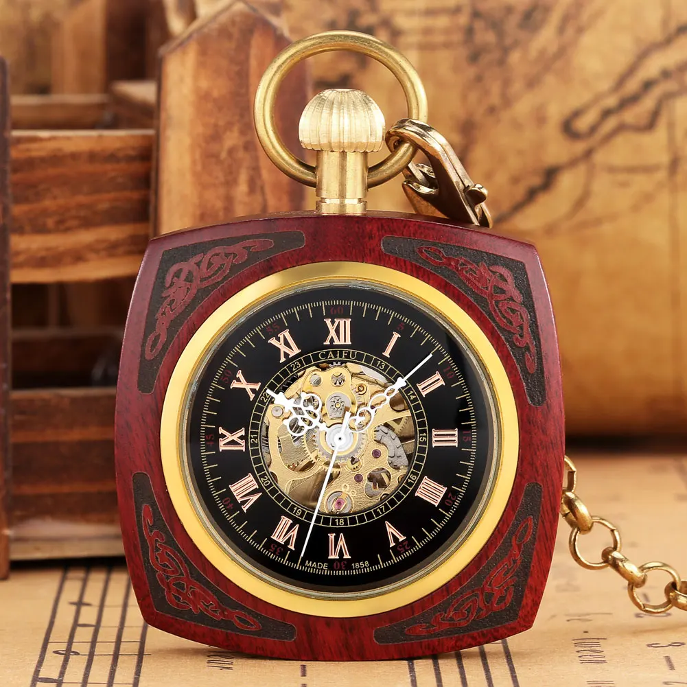 

Square Mahogany Automatic Mechanical Pocket Watches Vintage Pendant Pocket Watch Self-Winding Roman Numerals Black Dial Clocks