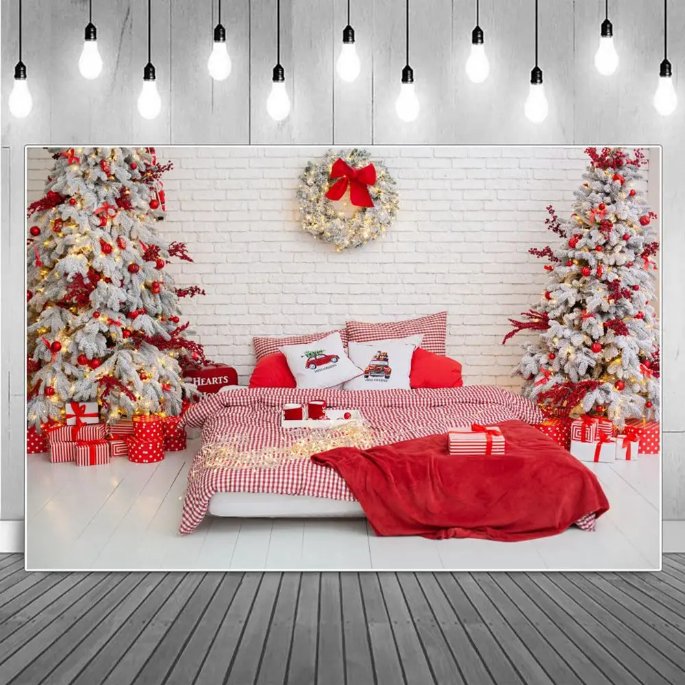 

Red Bean Snow Christmas Tree Bedroom Photography Backdrop Light Wreath Check Quilt Gifts Brick Wall Home Studio Photo Background