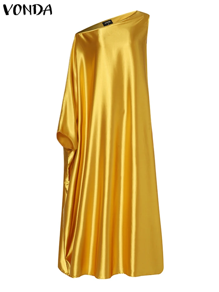 Plus Size 5XL VONDA Elegant Women Maxi Dress 2023 Summer Sexy Sleeveless Satin Robe Bohemian One Shoulder Party Beach Sundress