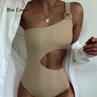 rin confa fashion sexy irregular shoulder bikinis waist hollow out close fitting women swimsuit pure colour sand beach bikini