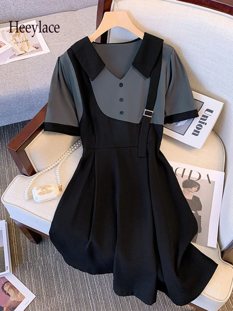 

Summer Midi Dress For Women Temperament Fashion Fake Two Piece Splicing Dress Office Ladies High Waist Dresses Women Clothing