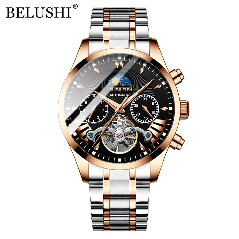BELUSHI Men Automatic Watch Luxury Skeleton Tourbillon Clock Mens Stainless Steel Business Waterproof Mechanical Wristwatches