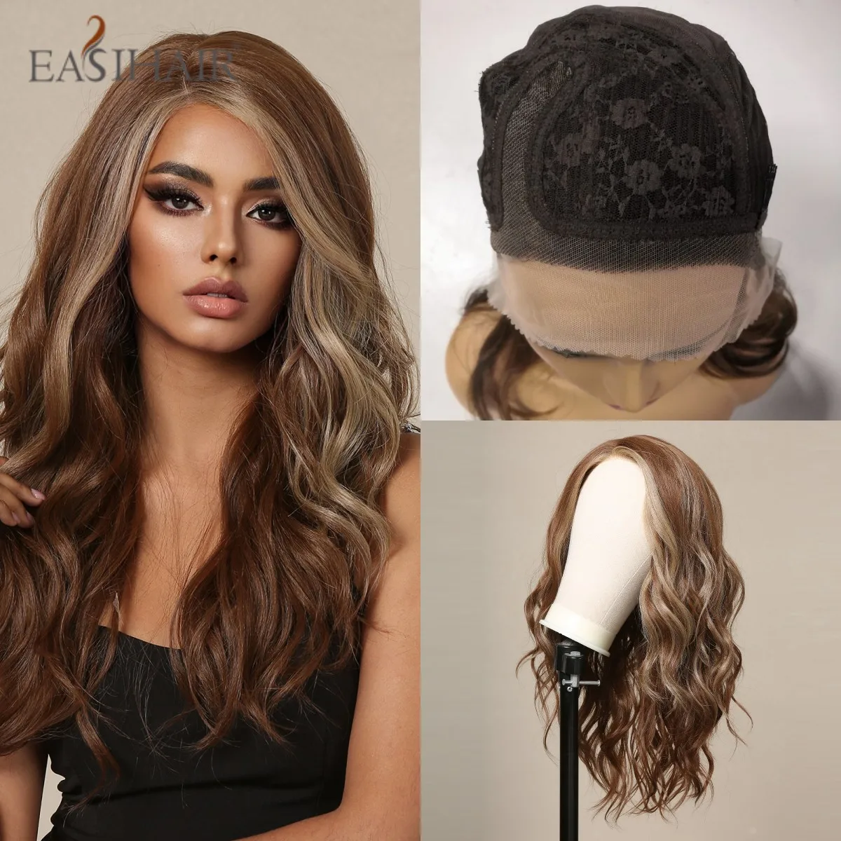 

EASIHAIR парик на фронте, длинные волнистые, коричневые, выделенные синтетические парики для женщин, парик на шнурке, натуральный, высокая плотность, Термостойкое волокно