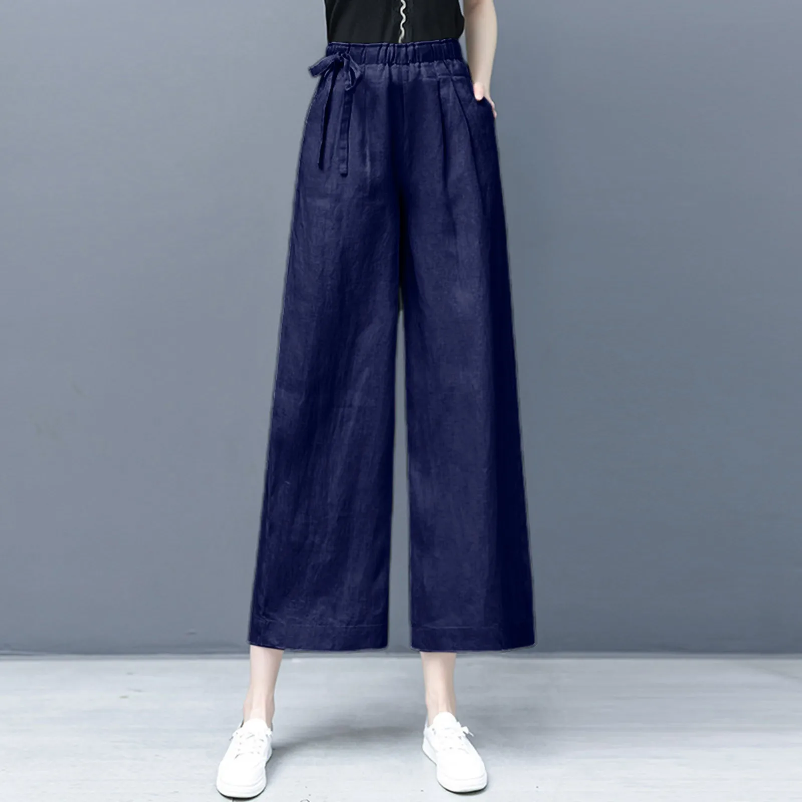 

Женские эластичные дышащие брюки, винтажные широкие брюки с бантом на талии, свободные брюки из хлопка и льна с высокой талией и карманами